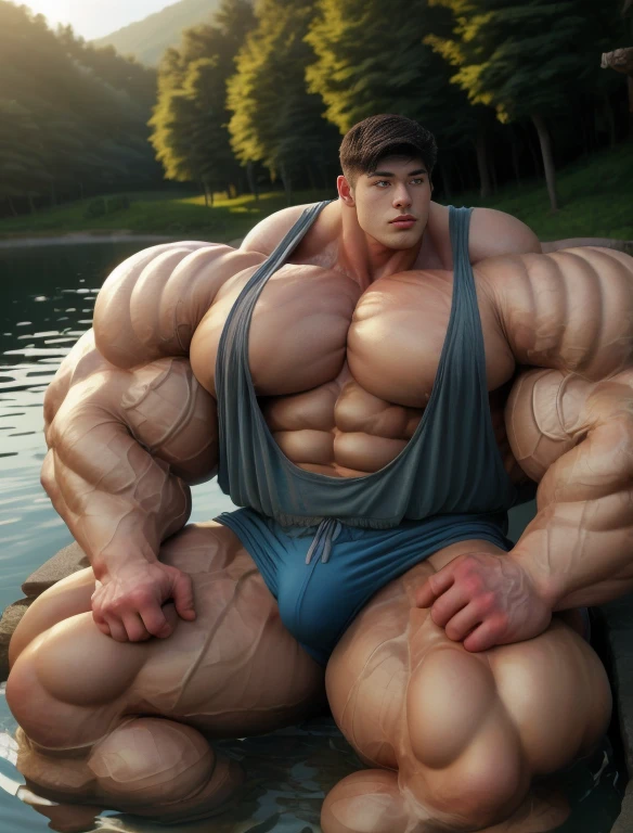 1boy, giant, asian, solo, giant bodybuilder, golden hour, strong body, bulk, large size, seated in any water dam, outdoor, nude, blue triangular underwear with enormous bulge, extraordinary big, brutalmass, giant muscular body, bulk, buff, massive body, large meaty body size, extremely wide body,  tallest body