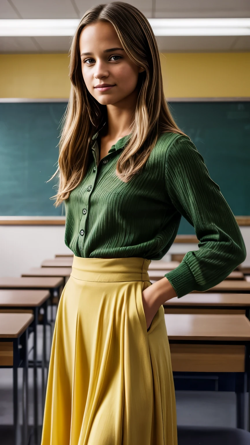 Foto hiperrealista en primer plano de Alicia Vikander, masterpiece, best quality, (photorealistic:1.4), full body, she is dress in style of 90s high school, yellow long sleeves, green maxi skirt, in classroom in high school, cinematic light, beautiful woman, skinny, medium breasts, ponny tail blond hair, detailed face, smile, facing the camera, photo taken from a distance, age of 15