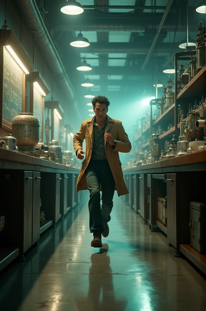 Movie screen grab, a young physicist, rushes through a dimly lit, bustling laboratory filled with chalkboards and complex machines. In the style of 1950's Panavision 70 retro movies. Highly detailed background