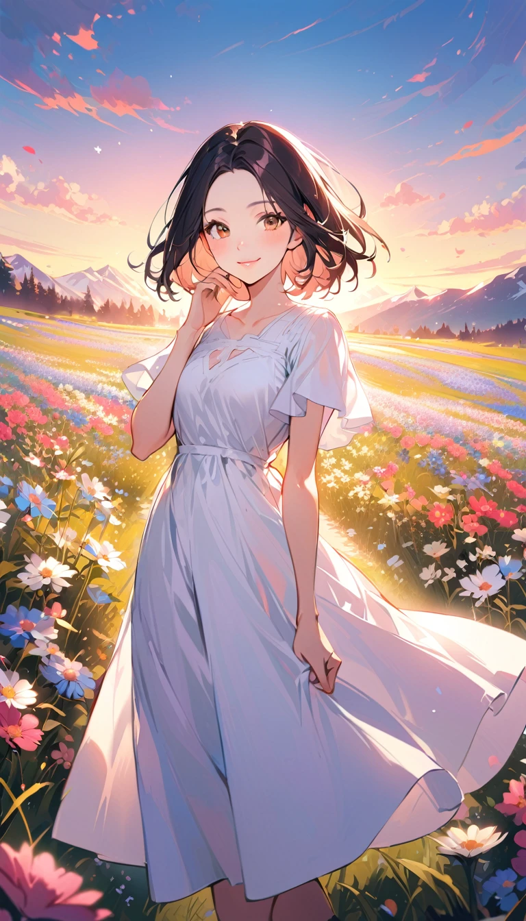 1woman, solo, forehead, bob cut hair, black Hair, brown eyes, smile, happy, wear long white casual dress, pink lips, looking at viewer, light lips, cowboy shot, closed mouth, field of alpine flowers, put one's hand to one's mouth