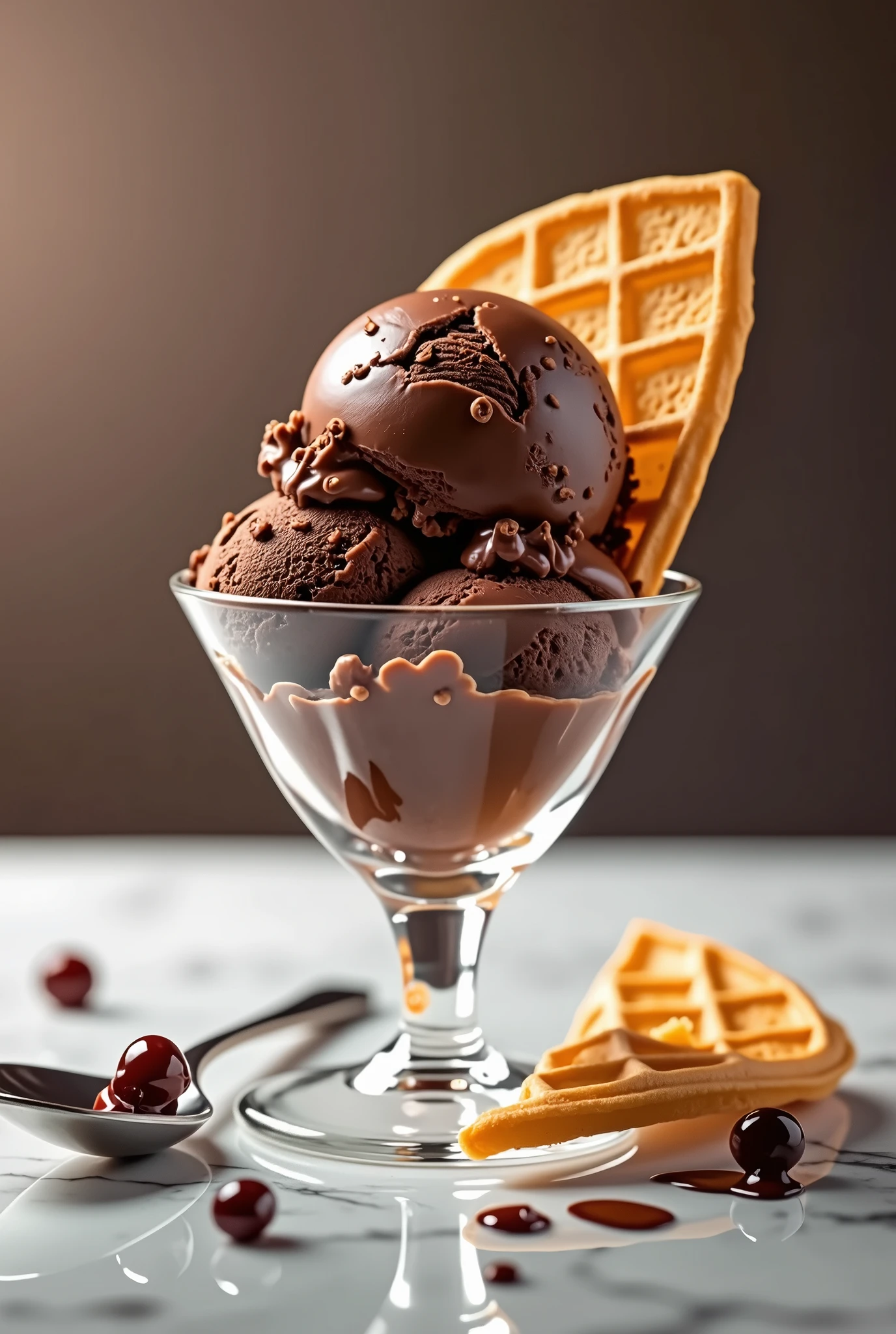 A delicious chocolate icecream, served in a fine glass cup with a silver plated teaspoon and a wafle. Ultra hight definition, studio illumination and maximum detailed