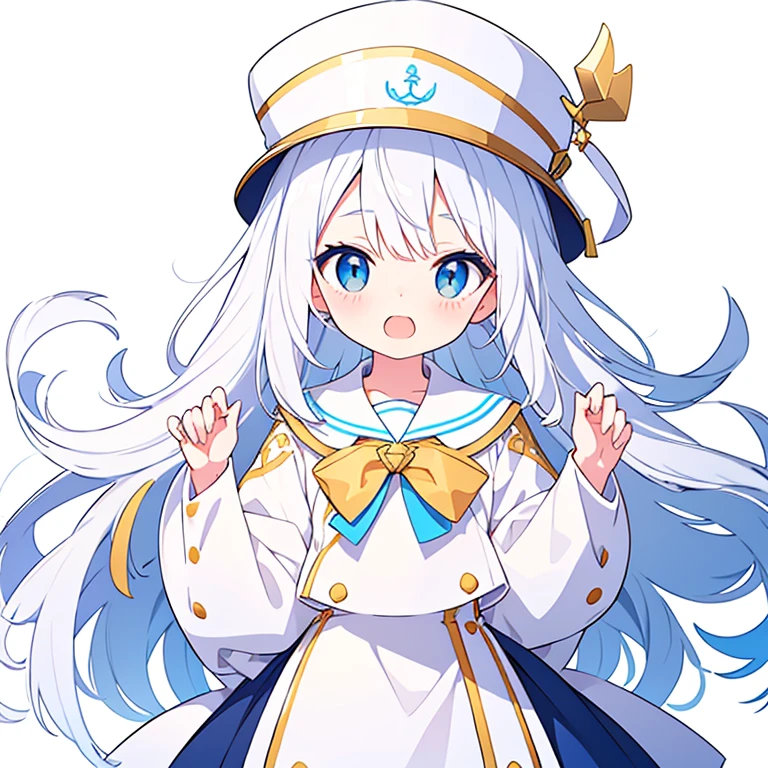 Mouth open、There is a gap on the top of the hat、Pure white background、Standing still、Hands at sides、White hat with gold decoration、Long white hair、Sailor&#39;White uniform