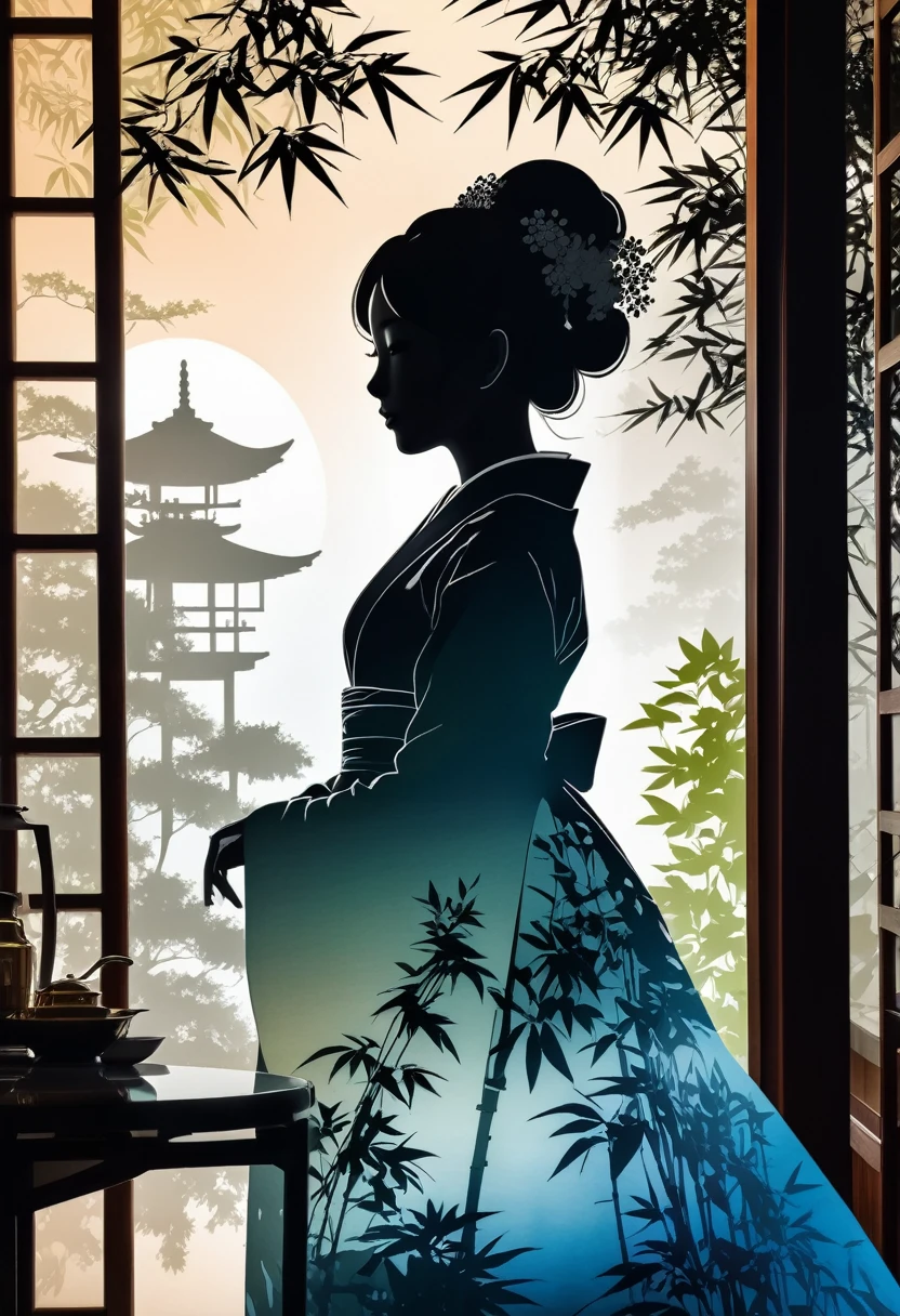 (((silhouette art:1.4))), 1 bridal clothing, (double exposure:1.3), Restaurant wedding overlooking bamboo Japanese garden, Ryo Aizuki, (close up), promote, complicated, (best quality, masterpiece, representative work, official art, professional, Unified 8K wallpaper:1.3)