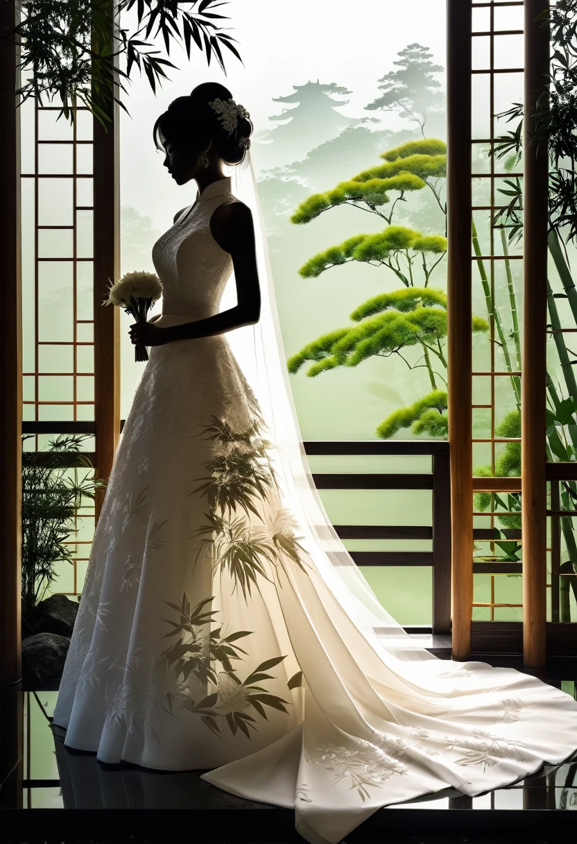 (((silhouette art:1.4))), 1 bridal clothing, (double exposure:1.3), Restaurant wedding overlooking bamboo Japanese garden, Ryo Aizuki, (close up), promote, complicated, (best quality, masterpiece, representative work, official art, professional, Unified 8K wallpaper:1.3)