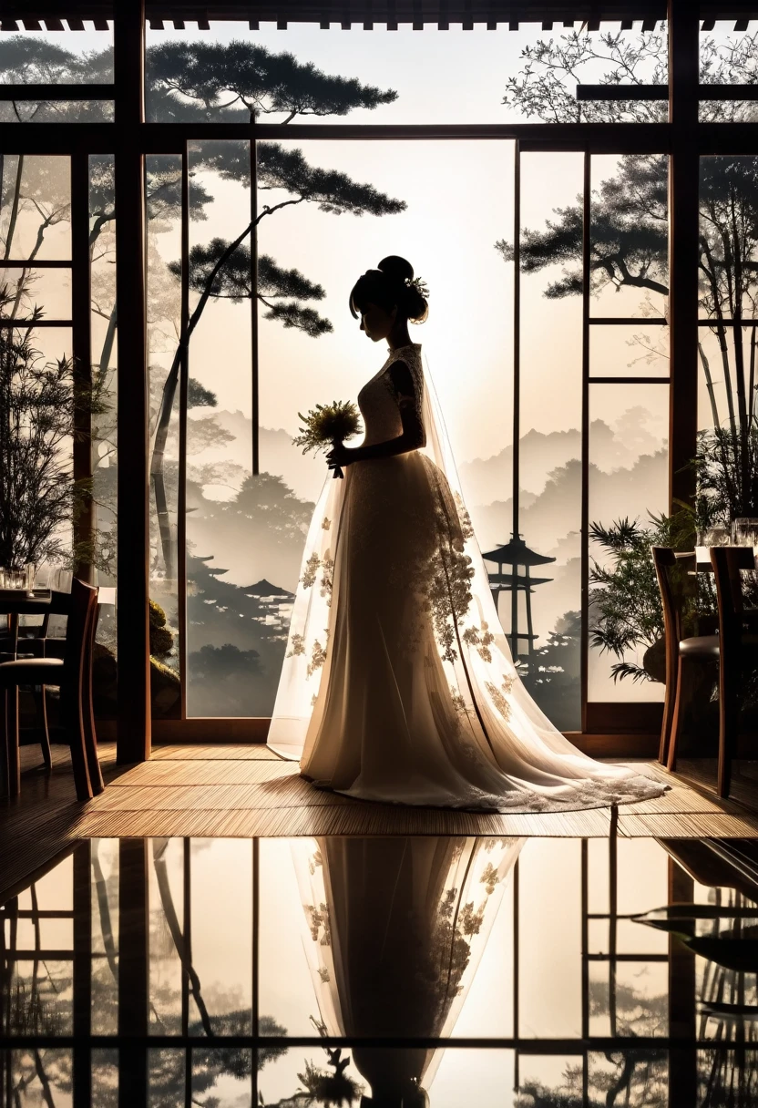 (((silhouette art:1.4))), 1 bridal clothing, (double exposure:1.3), Restaurant wedding overlooking bamboo Japanese garden, Ryo Aizuki, (close up), promote, complicated, (best quality, masterpiece, representative work, official art, professional, Unified 8K wallpaper:1.3)