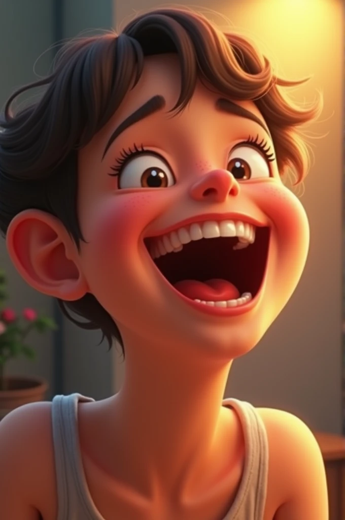 a person laughing with their mouth open