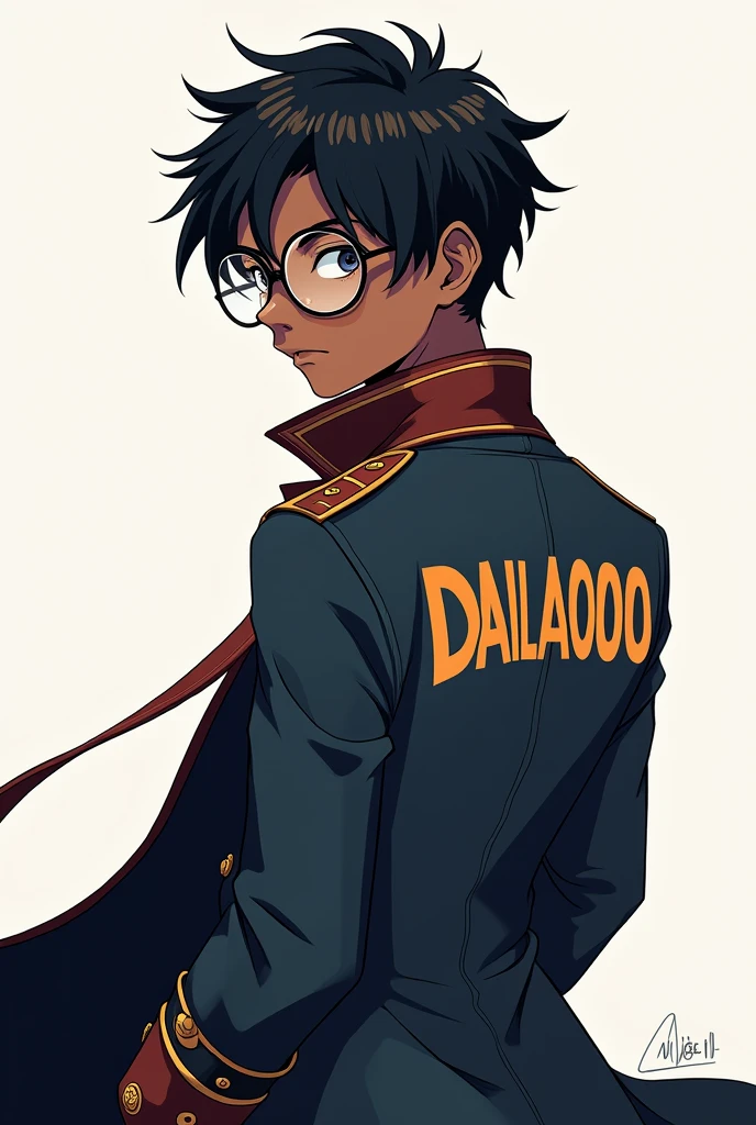 Create an anime drawing with military hair wearing circle style glasses with a coat that says DALLA0000 on the back in capital letters, ain't got a lot of hair, the young man has black skin