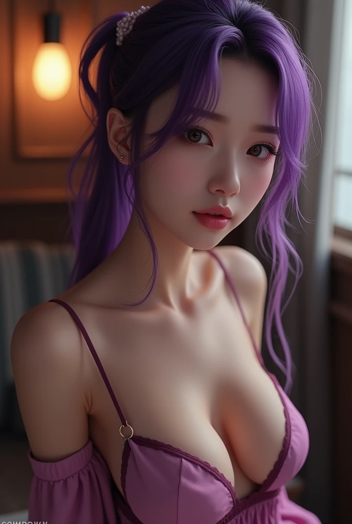 (Very detailed CG unity 8K wallpaper），best qualtiy，cinmatic lighting，detailed back ground，((best quality)), ((masterpiece)), (detailed), NSFW, small breasts, prominent collarbones, skinny arms, flat and toned stomach, visible hip bones, full body, long hair, purple hair, Realistic Shadows, Detailed skin, Very small breasts, Hair Ribbon, Very detailed, highly detailed face, Perfect face shape, Perfect lips, Perfect nose, Correct beautiful eyes, Watching Viewer, Best Quality, Single korean Girl, wearing mini skirt,showing skin,show face,deep cleavage,thin waist,slim silhouette,thin thighs,very beautiful face,photorealistic,ultra quality,close.
