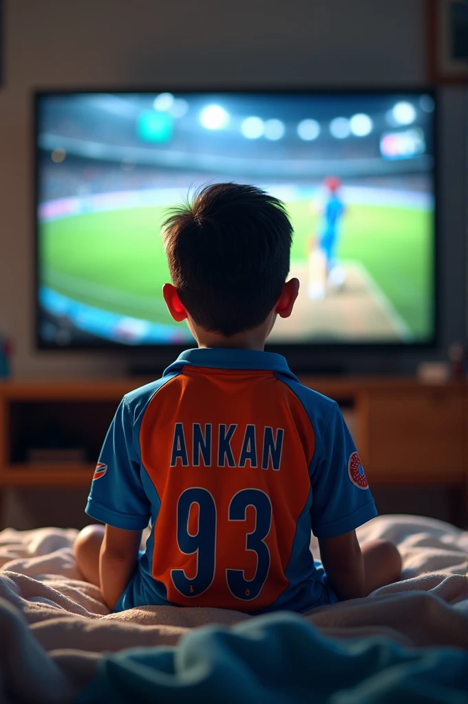 A  boy is siting in his room watch a Indian cricket match on Tv.The boy name is Ankan.The boy is wearing a Indian cricket Jersey.The boy name is written on the back of his  jearsy. jearsy number 93.Full hd quality 