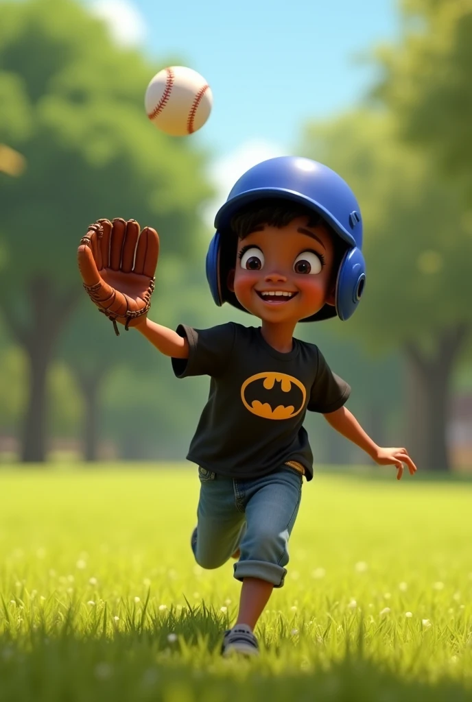 Pixar style image of a boy playing with a baseball glove. tall dark-skinned boy of 12 years, the boy throws a ball up, the boy is running, the boy is smiling, The boy has a black shirt with the Batman logo on it., the boy has a blue helmet.