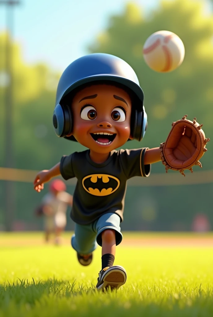 Pixar style image of a boy playing with a baseball glove. tall dark-skinned boy of 12 years, the boy throws a ball up, the boy is running, the boy is smiling, The boy has a black shirt with the Batman logo on it., the boy has a blue helmet.