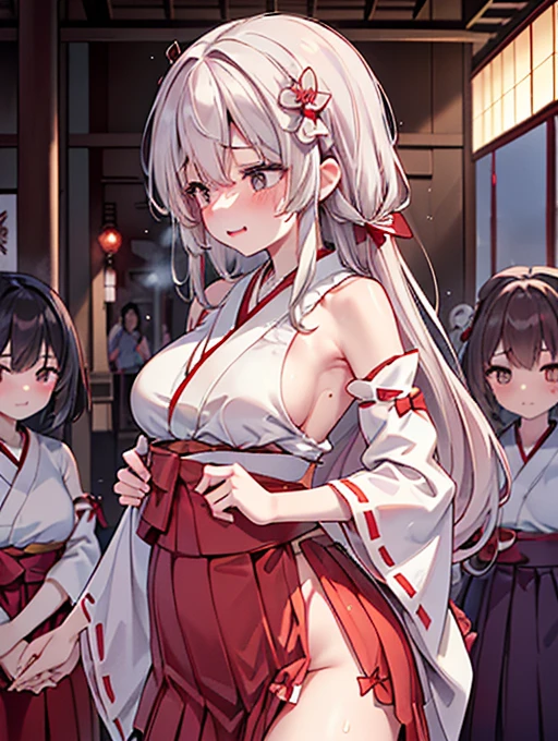 (detailed fingers,detailed hands,detailed eyes,detailed legs:1.2),(night, dark room,japanese style room:1.2),cowboy shot,standing,(3girls,Three people side by side:2),(yuri,nestle:1.5),(nsfw),(The two on the sides sexually assault the woman in the center,The two on the sides have their hands on the crotch of the woman in the middle,The two on the sides are groping the breasts of the woman in the middle,Over the clothes:1.8),(The two on the sides sexually assault the woman in the center,The two at the end smiled happily.,The woman in the center is being attacked and sighs with sexual excitement.,The woman in the center being attacked has her arms down:1.7),(female orgasm:1.2),(pussy juice),(embarrassed,blush:1.2),(steam:1.2),(sweat skin:1.2),(saliva:1.1),(looking down at viewer:1.2),large breasts,crying face,(watery eye),(miko,shrine maiden, japanese clothes, detached sleeves,hakama long skirt:1.5),white panties,(You can&#39;t see the panties with the skirt:1.5),(wet clothes:0.2),same age,All three are dressed exactly the same