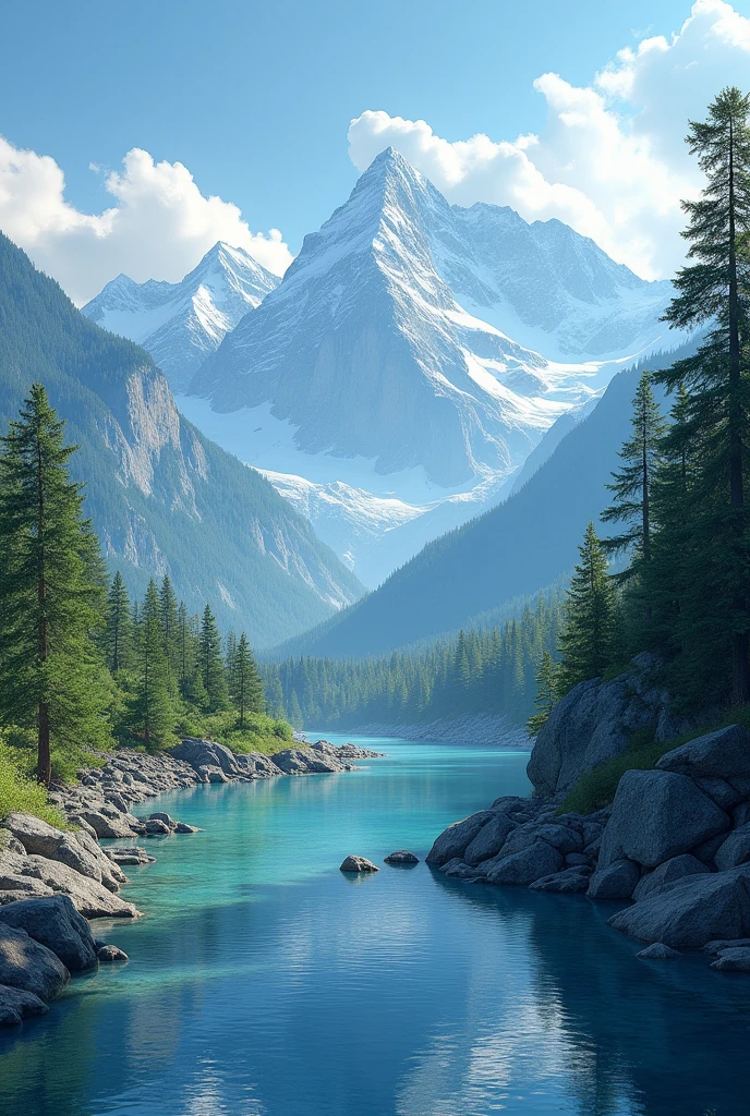 create 4k wallpaper of mountains and river view
