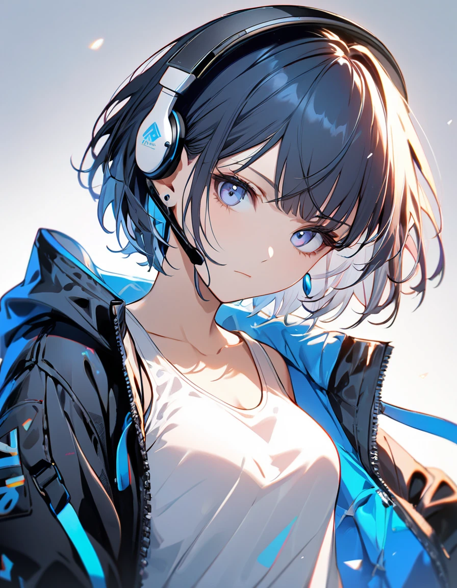 1girl, best quality, beautiful, short hair, 8K, expressionless, act cool pose, jacket, white tanktop inside, earrings, headset, perfect, concept, full color