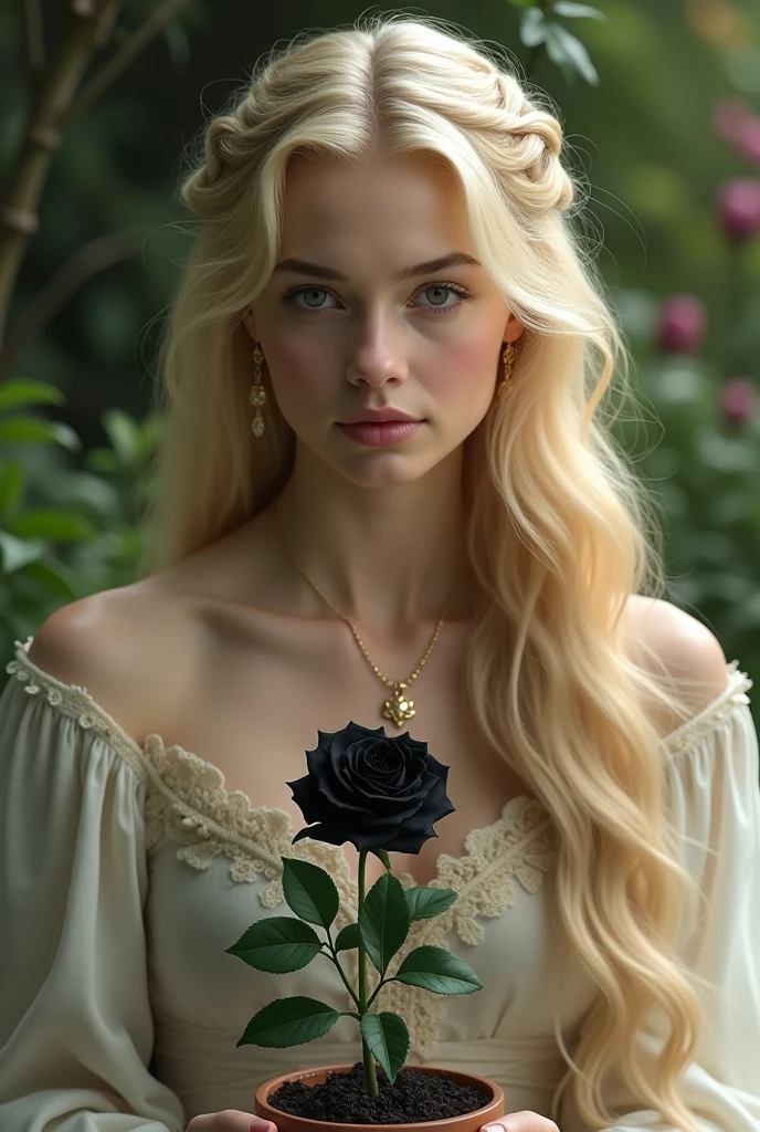 A young blonde with golden hair, she is 20 years old, rosto angelical, dressed in Sansa Stark style. She is in a garden and looking at a beautiful black rose planted in a small pot..

