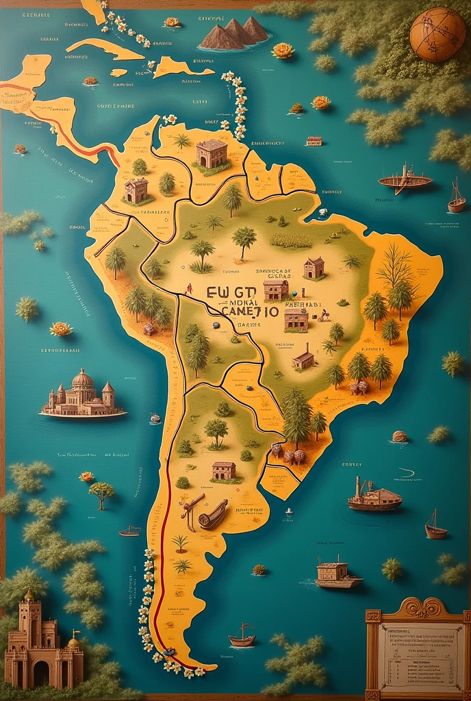 ### Game Board "The Empire of Sugar Cane in Portuguese"
#### General description:
The board is a map of colonial Brazil divided into several sugar cane producing regions.. It includes areas for cultivation, production and transportation, as well as spaces for historical events and special challenges.
#### Board Structure:
1. **Regional Division:**
- **North East:** Includes Pernambuco, Bahia and Sergipe.
- **Southeast:** Includes Rio de Janeiro and Sao Paulo.
- **Midwest:** Includes Mato Grosso and Goiás.
- **syd:** Includes Paraná and Santa Catarina.
2. **Board Spaces:**
- **Cultivation:** Spaces marked for the start of production, where players can learn about planting and harvesting sugarcane.
- **PRODUCTION:** Spaces dedicated to the transformation of sugarcane into sugar, highlighting the work of the mills.
- **shipping:** Routes for sugar export, representing movement between regions and abroad.
- **events Históricos:** Spaces that trigger challenges or questions about significant events, such as revolts or economic crises.
- **Neutral Areas:** Spaces without specific events, where players can progress without additional challenges.
3. **Additional Components:**
- **Question and Challenge Cards:** Distributed around the board and related to the spaces where players stop.
- **Game Pieces:** Representations of historical characters, as enslaved, settlers and sugar mill owners.
- **Bookmarks:** Indicators for accumulated resources, like sugar and play money.
- **dados:** Used for movement on the board.
#### Board Layout:
1. **Center of the board:**
- **Região de Cultivation:** Central area with sugar cane fields and sugar mill owners.
- **Região de PRODUCTION:** Close to sugar mills and factories.
2. **periphery:**
- **Regiões de shipping:** Routes connecting cultivation and production regions with ports and export areas.
- **event