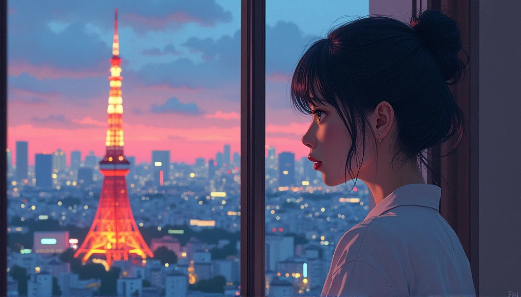 Portrait、512、Lo-Fi、city view outside the window、evening、pastel colour、Painting、Tokyo Tower
