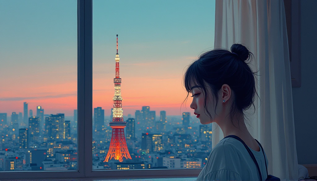 Portrait、512、Lo-Fi、city view outside the window、evening、pastel colour、Painting、Tokyo Tower