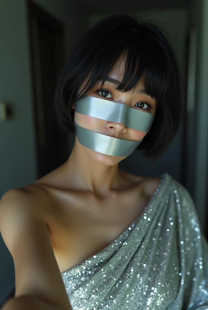 Aesthetic short hair girl blindfolded duct tape gagged in silver sparkling shimmering saree taking selfie tape gagged