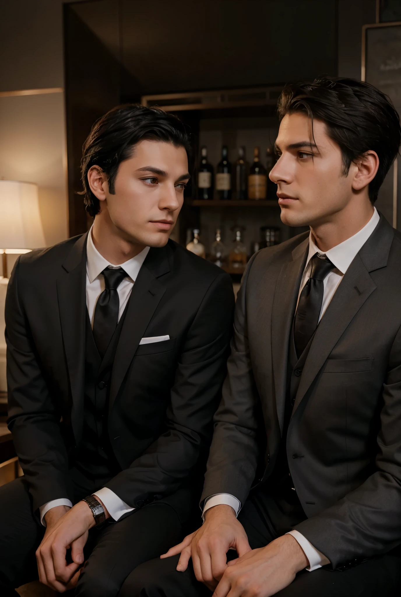 Two handsome young men with black hair and grey eyes drinking whiskey in black suits, sitting in profile
