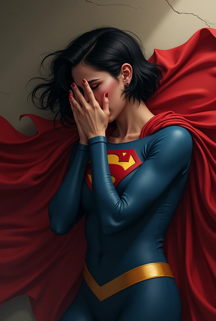 A woman with short hair dressed as Superman. with a cape. physically strong, lying on her side on the floor in the fetal position, crying with his hands on his face. perspective from above.