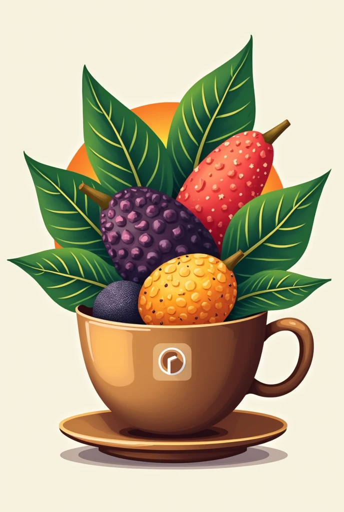 Logo for our company. We make coffee drink using seeds. Create a coffee with fruit seeds, leaves, and a jackfruit on the back.