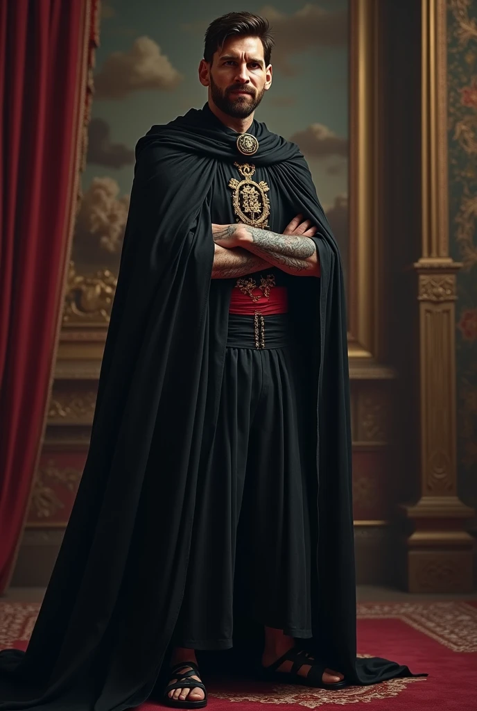 Messi as a king wearing black dress