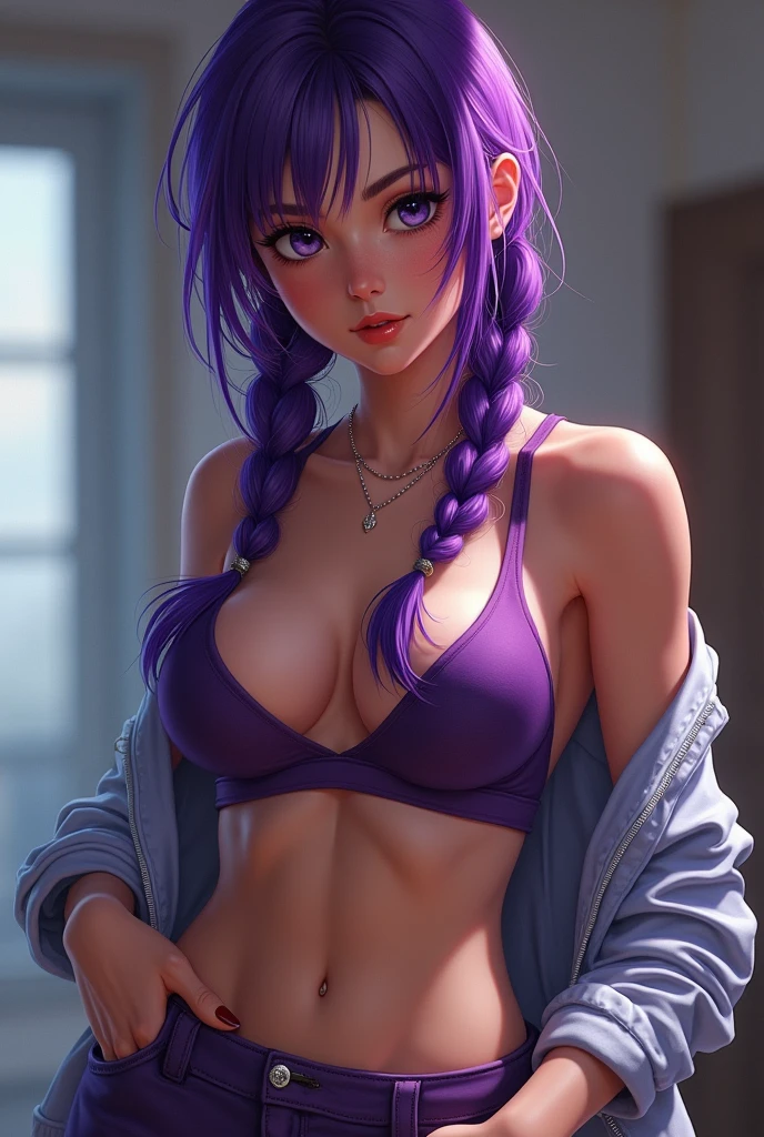 1girl, breasts, glasses, navel_piercing, purple_hair, braid, piercing, twin_braids, solo, sports_purple bra,purple panties, realistic, cleavage, pants, navel, long_hair, forehead, clothes_lift, shirt_lift, jewelry, head_tilt, underwear, ring, blurry, blurry_background, looking_at_viewer, midriff, nose, lips, medium_breasts, bra, round_eyewear, nail_polish, shirt