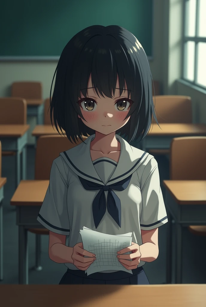 Sad black short haired  girl in school uniform with low grades in her hand in classroom background 