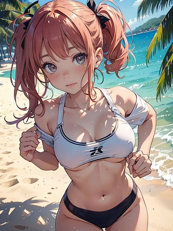 Highest quality, Masterpiece in anime style, (alone:1.1),T-shirt rolled up,Show off your flashy swimsuit,Summer beach, Laugh innocently, Sensual, Cute Freckles, Mole under the left eye, sexy,Sweeping the sand off the floor with your hands,Wet Hair,Sunburn,Blushing skin,The underboob is visible,B cup,