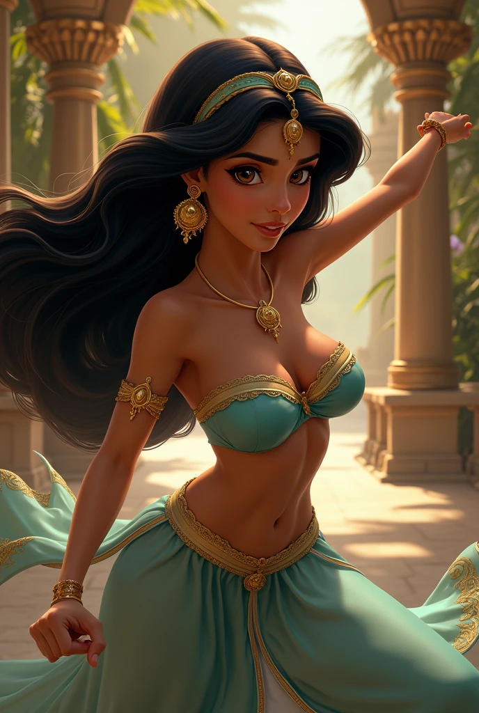 Stunning Princess Jasmine, photo in 8k, in action, cinematic.
