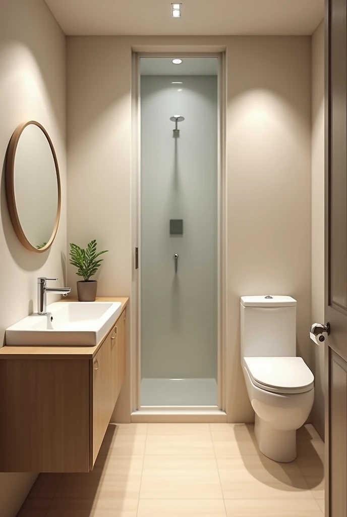 Small bathroom with sliding door. Left hand wash basin with round mirror.
On the right side the toilet.
No fundo, after the toilet and the sink, a shower