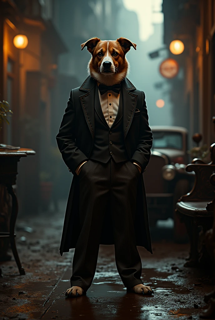 Make a picture for t shirt printing of a cool dog standing in a swag of godfather