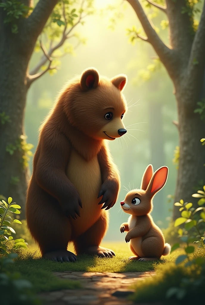 A bear talking to a rabbit 
