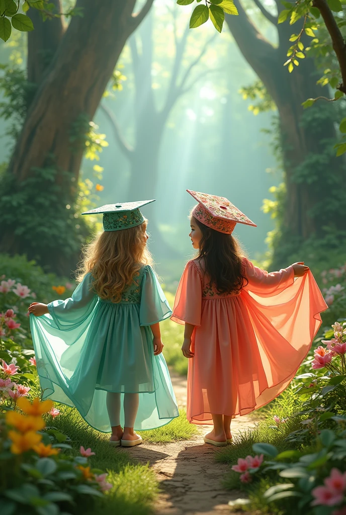 Create ABC 2024 graduation costume for kids in enchanted garden theme