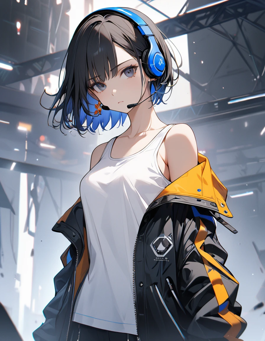 1girl, best quality, beautiful, short hair, 8K, expressionless, act cool pose, jacket, white tanktop inside, earrings, headset, perfect, concept, full color