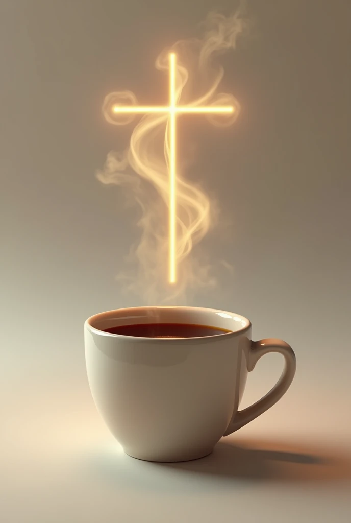 Create the image of an American cup with coffee inside and a little smoke coming out of the coffee forming a cross