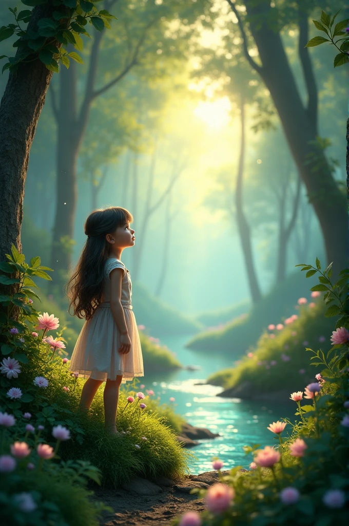 A serene, magical forest with a young girl looking wistfully towards the horizon, feeling a sense of longing and desire for adventure.",16:9,Disney style, 3d