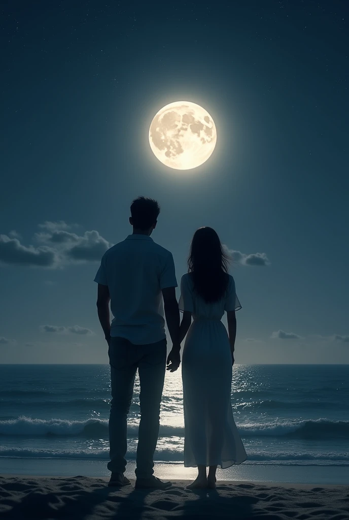 A couple stands with their backs to the moon and the sea at night.