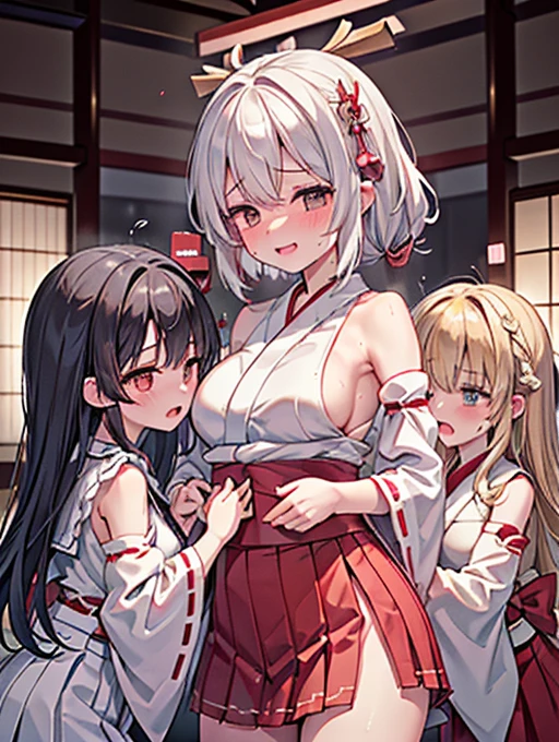 (detailed fingers,detailed hands,detailed eyes,detailed legs:1.2),(night, dark room,japanese style room:1.2),cowboy shot,standing,(3girls,Three people side by side:2),(yuri,nestle:1.5),(nsfw),(The two on the sides sexually assault the woman in the center,The two on the sides have their hands on the crotch of the woman in the middle,The two on the sides are groping the breasts of the woman in the middle,Over the clothes:1.8),(The two on the sides sexually assault the woman in the center,The two at the end smiled happily.,The woman in the center is being attacked and sighs with sexual excitement.,The woman in the center being attacked has her arms down:1.7),(female orgasm:1.2),(pussy juice),(embarrassed,blush:1.2),(steam:1.2),(sweat skin:1.2),(saliva:1.1),(looking down at viewer:1.2),large breasts,crying face,(watery eye),(miko,shrine maiden, japanese clothes, detached sleeves,hakama long skirt:1.5),white panties,(You can't see the panties with the skirt:1.5),(wet clothes:0.2),same age,All three are dressed exactly the same