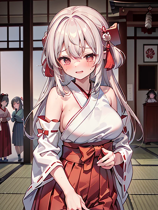 (detailed fingers,detailed hands,detailed eyes,detailed legs:1.2),(night, dark room,japanese style room:1.2),cowboy shot,standing,(3girls,Three people side by side:2),(yuri,nestle:1.5),(nsfw),(The two on the sides assault woman in the center,The two on the sides have their hands on the crotch of the woman in the middle,The two on the sides are groping the breasts of an in the middle,Over the clothes:1.8),(The two on the sides sexually assault t in the cer,The two at the end smiled happily.,The woman in the center is being attacked and sighs with sexual excitement.,The woman center being attacked has her arms down:1.7),(female orgasm:1.2),(pussy juice),(embarrasush:1.2),(ste2),(sweat skin:1.2),(saliva:1.1),(looking down at viewer:1.2),large breasts,crying face,(watery eye),(miko,shrine japanese clothes, detached sleeves,hakama long skirt:1.5),white panties,(You can't see the panties with the skirtwet clothes:0.2),same age,All te dressed exactly the same