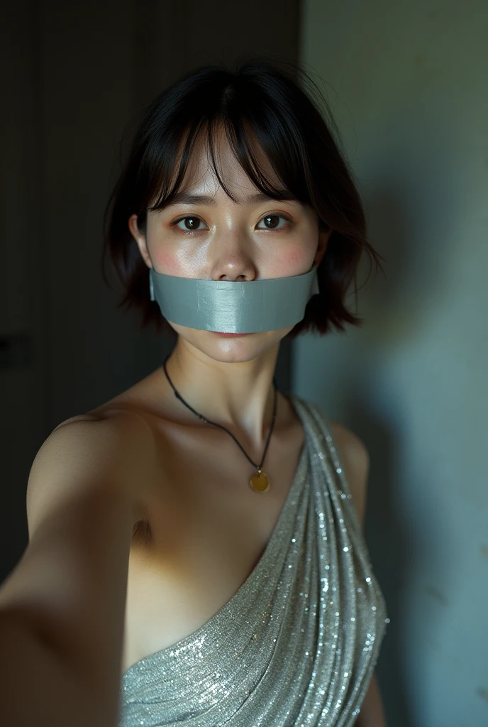 close-up of beautiful korean female, 34 inch breasts size, wearing as Ada Wong from resident evil, crowded, street city building background, UHD Full Body View,tape gag,gagged,