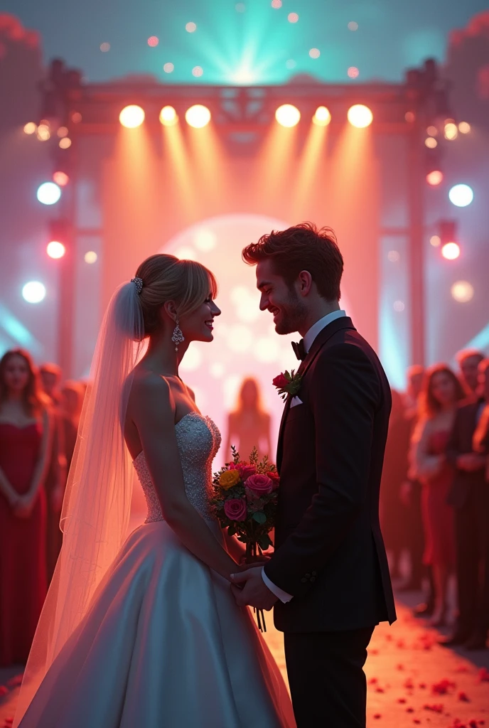 Robert Pattinson and Taylor Swift front view getting married on the eras tour 