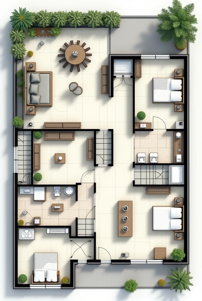 Ultra-realistic, 8k, a detailed floor plan of a two-story house. The layout features three bedrooms, two bathrooms, a spacious living room, a modern kitchen, and a dining area. The ground floor includes the main living spaces with an open-concept design, while the upper floor houses the bedrooms and bathrooms. The design emphasizes functionality and comfort, with clearly labeled rooms, staircases connecting the two floors, and large windows for natural light. The architectural style is contemporary, with clean lines and a balanced use of space. The overall layout is well-organized and visually appealing, offering a comprehensive view of the home's structure and flow.
