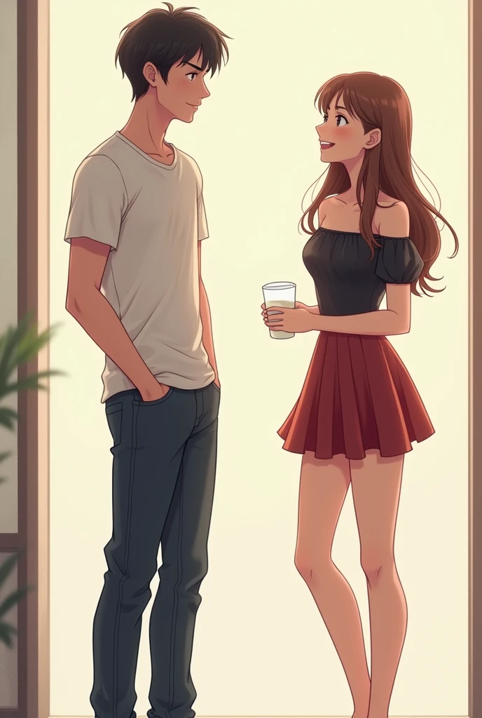 An handsome young man talking to a beautiful woman, the man is wearing a casual t-shirt, and a jeans pants, the woman is wearing a beautiful off sholder shirt and a little skirt, they are both smiling, they are both in their twenties, they aren't too close too each other, they aren't touching each other, no background, anime style, realistic wide shot 
