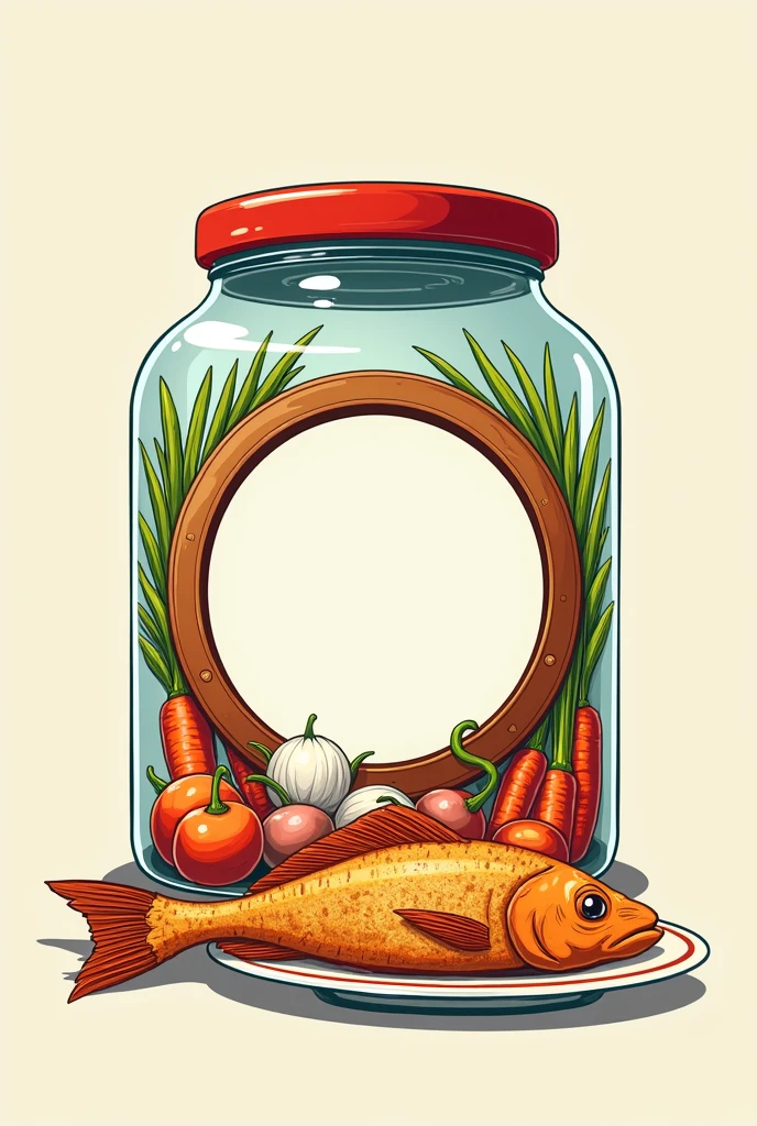 A circular frame inside a jar with chili illustrations,onion,carrot,with bright colors and space in the center and a fried fish with beans on a plate to the side in 2D