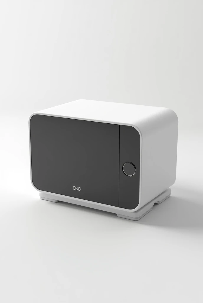 On a White background put
A compact and sophisticated design portable microwave. With dimensions of 27 cm wide, 18 cm deep and 15 cm high.
This microwave does NOT have a door handle. Non-slip rubber feet on the base.
It has a DIGITAL SCANNER.
With a small tempered glass display, allows the user to see the content without having to open the device.