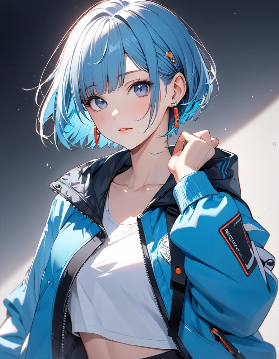1girl, best quality, beautiful, short hair, 8K, act cool pose, jacket, white tanktop inside, earrings, perfect, concept, full color