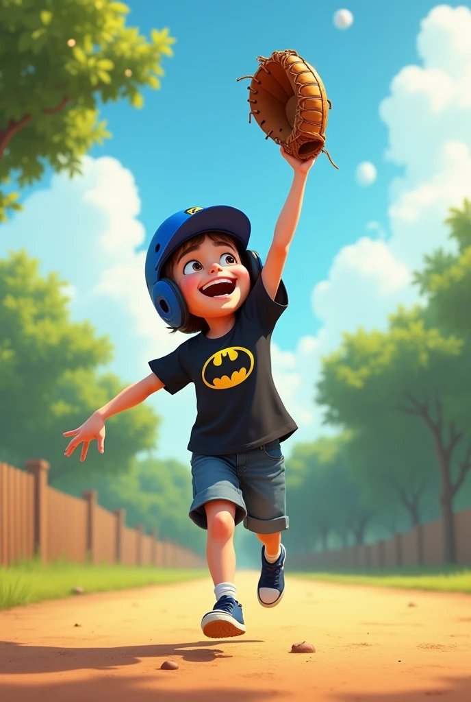 Pixar style image of a boy playing with a baseball glove. tall, light-skinned boy, , the boy throws a ball up, the boy is running, the boy is smiling, The boy has a black shirt with the Batman logo on it., the boy has a blue helmet.