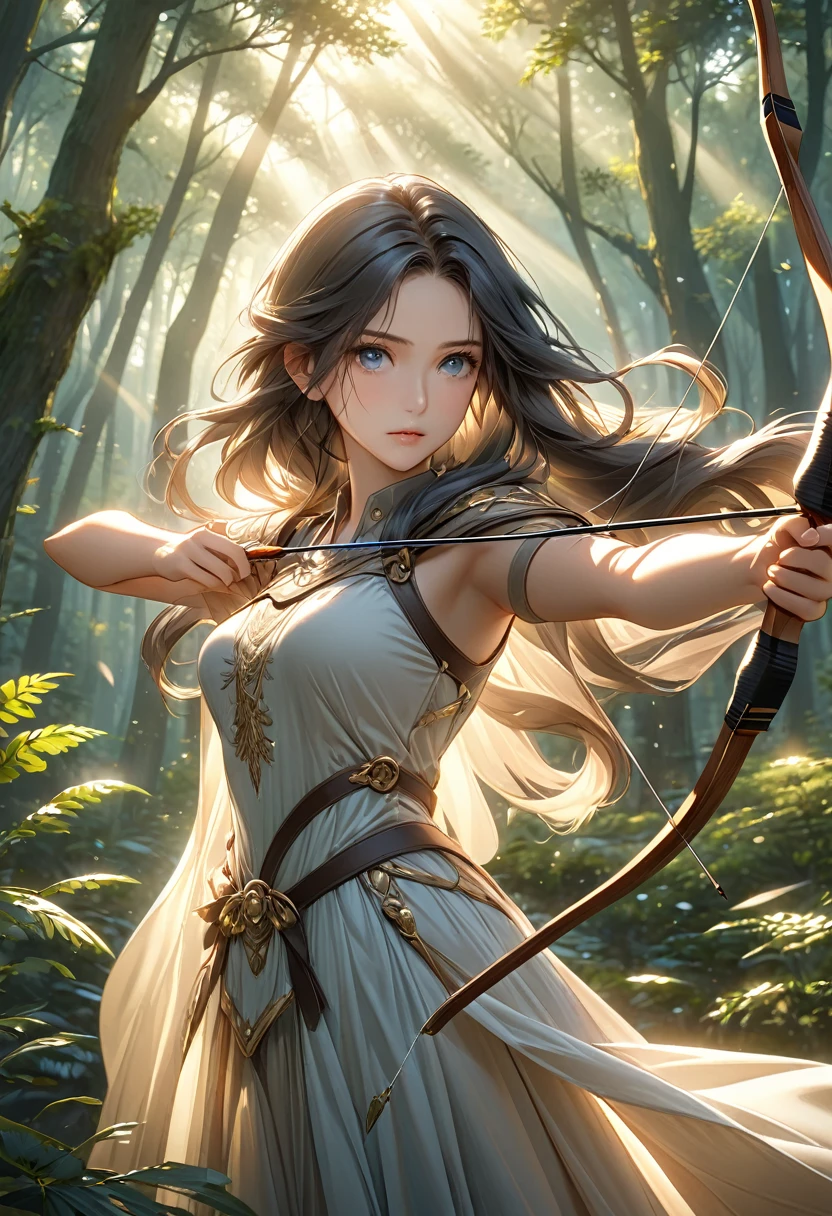 Beautiful female archer, holding a bow, Delicate face, beautiful eyes, Detailed facial features, Flowing long hair, Elegant Posture, Fantasy Landscape, Dense forest, Sunlight through the trees, Soft tones, Dramatic Lighting, Film composition, number, Extremely detailed, (best quality,4K,8K,high resolution,masterpiece:1.2),Extremely detailed,(Practical,photoPractical,photo-Practical:1.37)